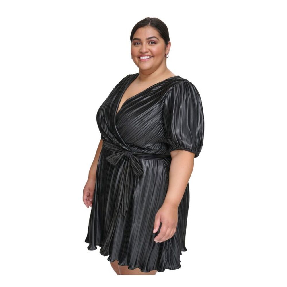 DKNY Womens Black Self-tie Belt Pouf Sleeve Short Fit + Flare Dress Plus 16W - Picture 3 of 4